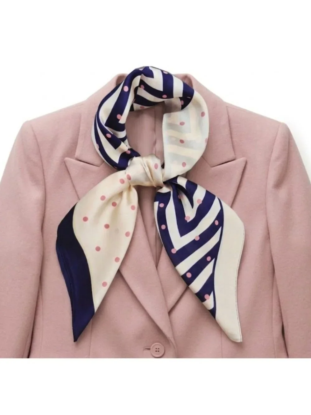 ✨Luxury Elegant Silky Scarf Navy Blue Beige Pink Polka Dot Zigzag Square Wrap